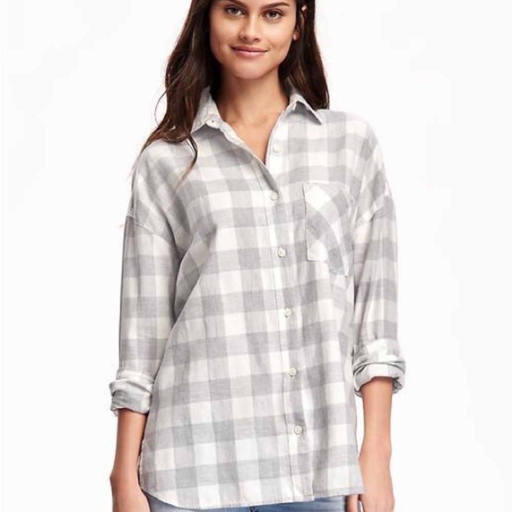 Old Navy Gray and White Plaid “The Boyfriend Shirt”
